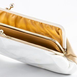 Vintage Made in Italy Leather White, Tan Double sided Clutch Purse Gold Clasp